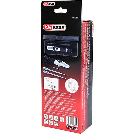 Detaillierte Ansicht der KS TOOLS Verpackung mit Refraktometer und Zubehör. Schwarze Box, roter Hintergrund.